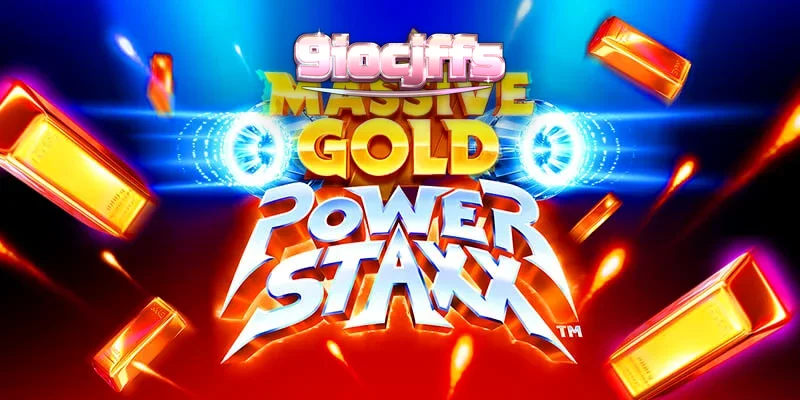 Tampilan visual futuristik dari slot Massive Gold Power Staxx dengan simbol emas dan latar belakang galaksi.